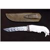 Image 6 : Unmarked Damascus Knife- Jawbone Handle Leather and Beaver Tail Sheath Marked Schram