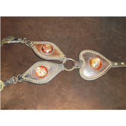 Old Choker Heart Breast Collar- Dotted- 3 Old Rosettes- 1 Rosette is Damaged- X Marked Buckles