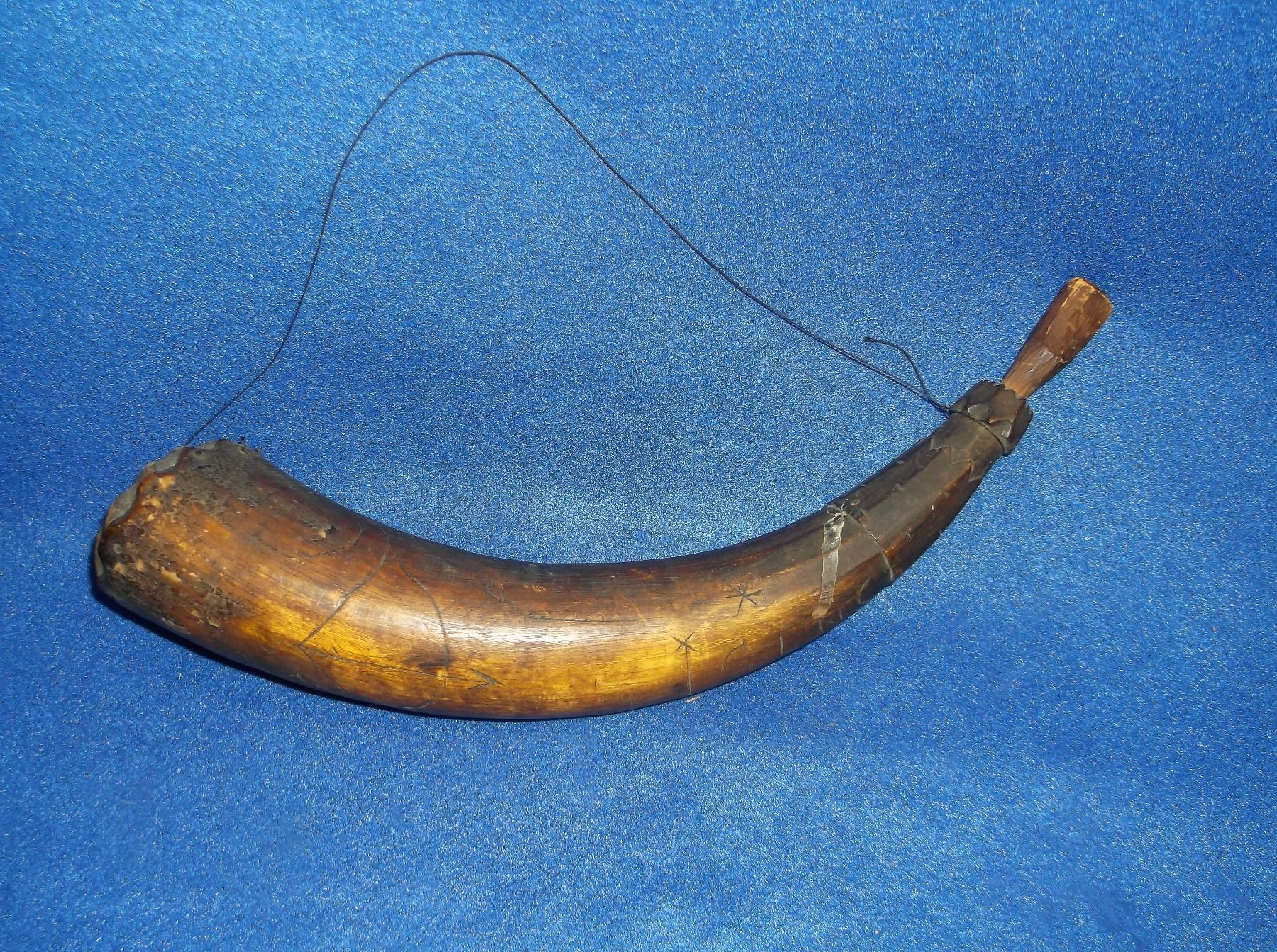 1800's Powder Horn Carved Indian Motiff 12"L