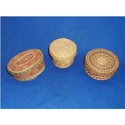 3 Native American NW Polychrome Lidded Baskets- 4.5 L X 3 W X 2 H- 2.5 H X 3.5 W- 2 H X 4 W