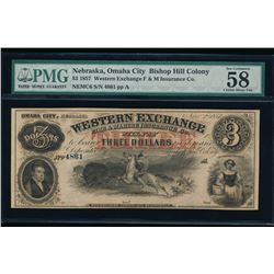 1857 $3 Western Exchange Obsolete Note PMG 58