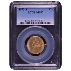 1892-S $5 Liberty Head Half Eagle Gold Coin PCGS MS62