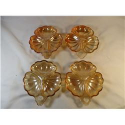 Carnival Jeannette Glass Orange Marigold Peach Luster Flower Relish Dishes Set of 4