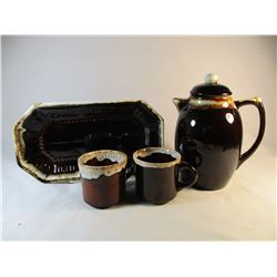Lot of 4 Brown Drip Cups, Tea Pot and Bread Plate USA HULL PFALTZGRAFF