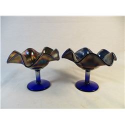 Set of 2 Ruffle Edge Holly Leaf Carnival Glass Stemmed Dishes Bowls