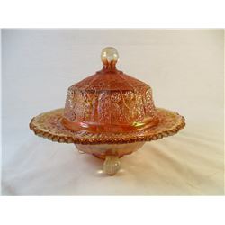 Marigold Carnival Glass Butterflies and Berries Butter Dish
