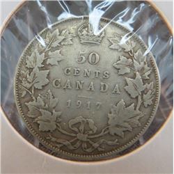 1917 Canadian Silver King George 50 Cent Coin