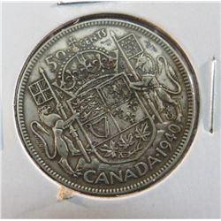 1940 Canadian Silver King George 50 Cent Coin