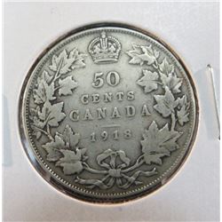 1918 Canadian King George Silver 50 Cent Coin