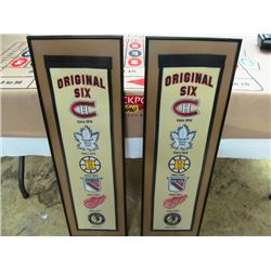 TWO ORIGINAL 6 LARGE FRAMED BANNERS - MONTREAL,TORONTO, BOSTON, NEW YORK, DETROIT, CHICAGO