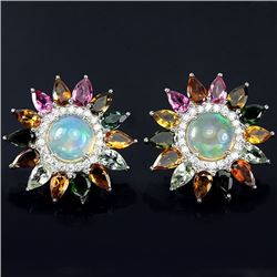 NATURAL RAINBOW WHITE OPAL & TOURMALINE EARRINGS