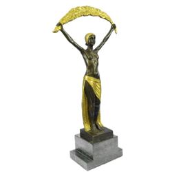 Signed~Chiparus~ Gold Patina Gilt Shawl Dancer Bronze Sculpture Marble