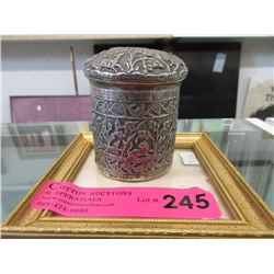 Vintage Lidded Silver Container with Jungle Design