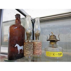 Vintage Bottle & 3 Oil Lamps