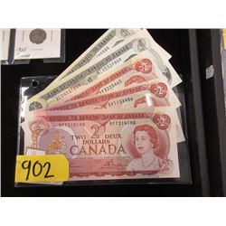 Five 1970's Canadian Old Issue Bank Notes