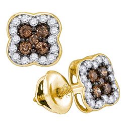 0.50 CTWCognac-brown Color Diamond Square Cluster Earrings 10KT Yellow Gold - REF-25F4N