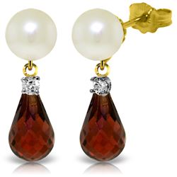 Genuine 6.6 ctw Pearl, Garnet & Diamond Earrings Jewelry 14KT Yellow Gold - REF-27H6X