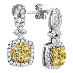 1.31 CTW Yellow Diamond Square Cluster Dangle Earrings 14KT White Gold - REF-127K4W