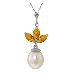 Genuine 4.75 ctw Citrine & Pearl Necklace Jewelry 14KT White Gold - REF-24A3K