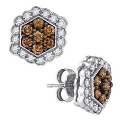 0.90 CTWCognac-brown Color Diamond Hexagon Flower Earrings 10KT White Gold - REF-41F9N