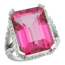 Natural 13.72 ctw Pink-topaz & Diamond Engagement Ring 14K White Gold - REF-81G3M