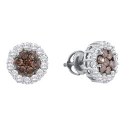 1.5 CTW Color Brown Diamond Flower Cluster Earrings 14KT White Gold - REF-89N9F