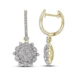 2.28 CTW Diamond Starburst Cluster Dangle Hoop Earrings 14KT Yellow Gold - REF-244F4N