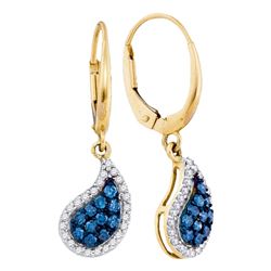 0.61 CTW Blue Color Diamond Teardrop Dangle Earrings 10KT Yellow Gold - REF-34Y4X