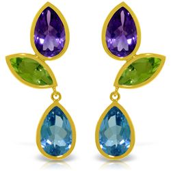 Genuine 13.6 ctw Blue Topaz & Peridot Earrings Jewelry 14KT Yellow Gold - REF-62F4Z