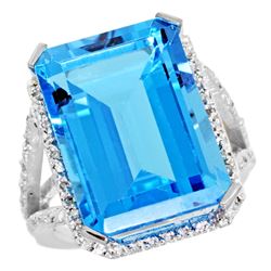 Natural 13.72 ctw Swiss-blue-topaz & Diamond Engagement Ring 14K White Gold - REF-81R3Z