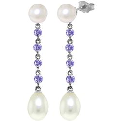 Genuine 11 ctw Pearl & Tanzanite Earrings Jewelry 14KT White Gold - REF-34F3Z