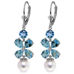 Genuine 6.28 ctw Blue Topaz & Pearl Earrings Jewelry 14KT White Gold - REF-49M8T