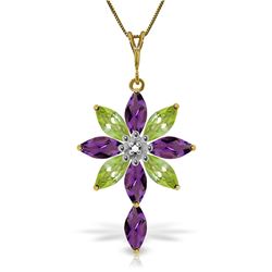 Genuine 2.0 ctw Amethyst, Peridot & Diamond Necklace Jewelry 14KT Yellow Gold - REF-47Y4F