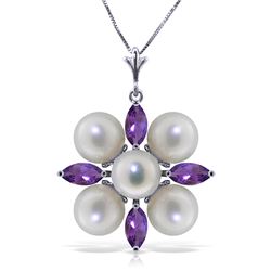 Genuine 6.3 ctw Amethyst & Pearl Necklace Jewelry 14KT White Gold - REF-59T2A