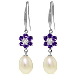 Genuine 9.01 ctw Amethyst, Pearl & Diamond Earrings Jewelry 14KT White Gold - REF-44M3T