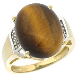 Natural 11.02 ctw Tiger-eye & Diamond Engagement Ring 10K Yellow Gold - REF-37G2M