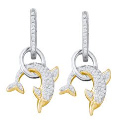 0.33 CTW Pave-set Diamond Dolphin Nautical Dangle Earrings 10KT White Gold - REF-40H4M