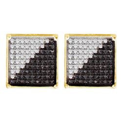 0.15 CTW Mens Black Color Diamond Square Cluster Earrings 10KT Yellow Gold - REF-12F2N