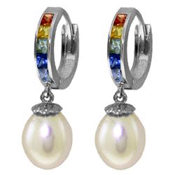 Genuine 9.3 ctw Multi-Color Sapphire & Pearl Earrings Jewelry 14KT White Gold - REF-48R4P