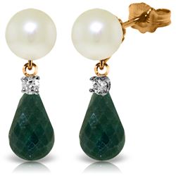 Genuine 8.7 ctw Pearl, Green Sapphire Corundum & Diamond Earrings Jewelry 14KT Rose Gold - REF-27K6V