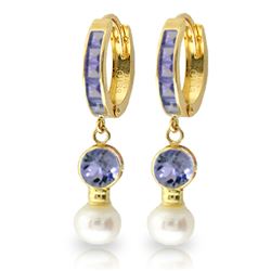 Genuine 4.65 ctw Tanzanite & Pearl Earrings Jewelry 14KT Yellow Gold - REF-61X3M