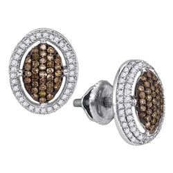 0.55 CTW Cognac-brown Color Diamond Oval Cluster Earrings 10KT White Gold - REF-36H2M