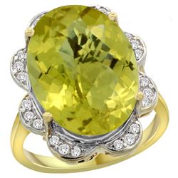 Natural 13.83 ctw lemon-quartz & Diamond Engagement Ring 14K Yellow Gold - REF-117Y6X