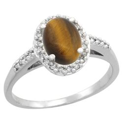 Natural 1.16 ctw Tiger-eye & Diamond Engagement Ring 14K White Gold - REF-30R9Z