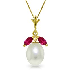 Genuine 4.5 ctw Pearl & Ruby Necklace Jewelry 14KT Yellow Gold - REF-25K3V