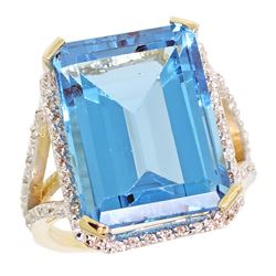 Natural 13.72 ctw Swiss-blue-topaz & Diamond Engagement Ring 10K Yellow Gold - REF-65G2M