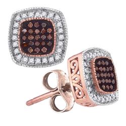 0.25 CTW Red Color Diamond Square Cluster Earrings 10KT Rose Gold - REF-30F2N