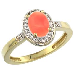 Natural 0.83 ctw Coral & Diamond Engagement Ring 14K Yellow Gold - REF-30A8V