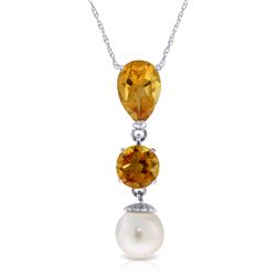 Genuine 5.25 ctw Citrine & Pearl Necklace Jewelry 14KT White Gold - REF-25P9H