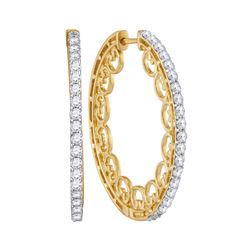 1 CTW Diamond Single Row Luxury Hoop Earrings 10KT Yellow Gold - REF-89X9Y